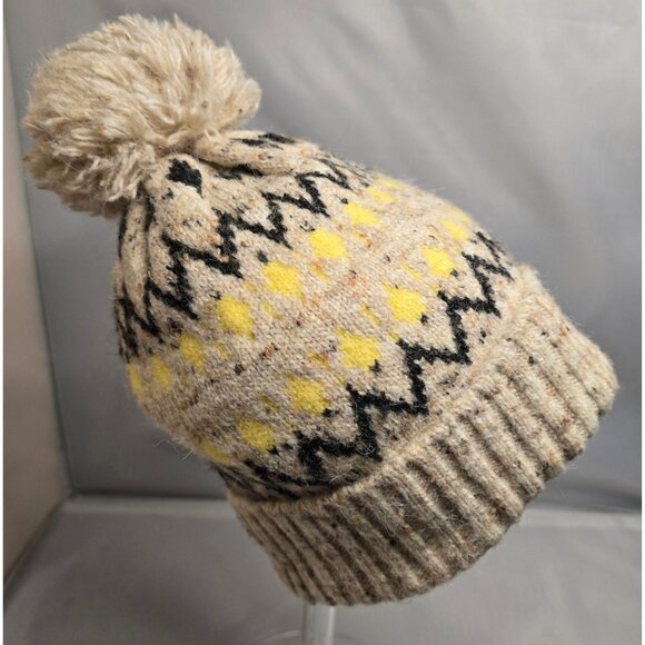 Beige & Yellow Fair Isle Pom-Pom Knit Beanie Hat 49% Recycled Polyester - Picture 3 of 7